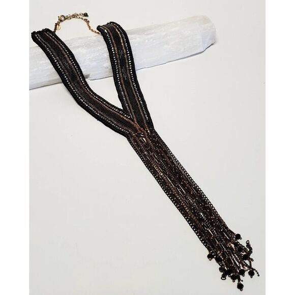 Chico's Miesha Necklace Fringe Bead Silver Gold Beads Collar Statement Y Pendant - Picture 5 of 11
